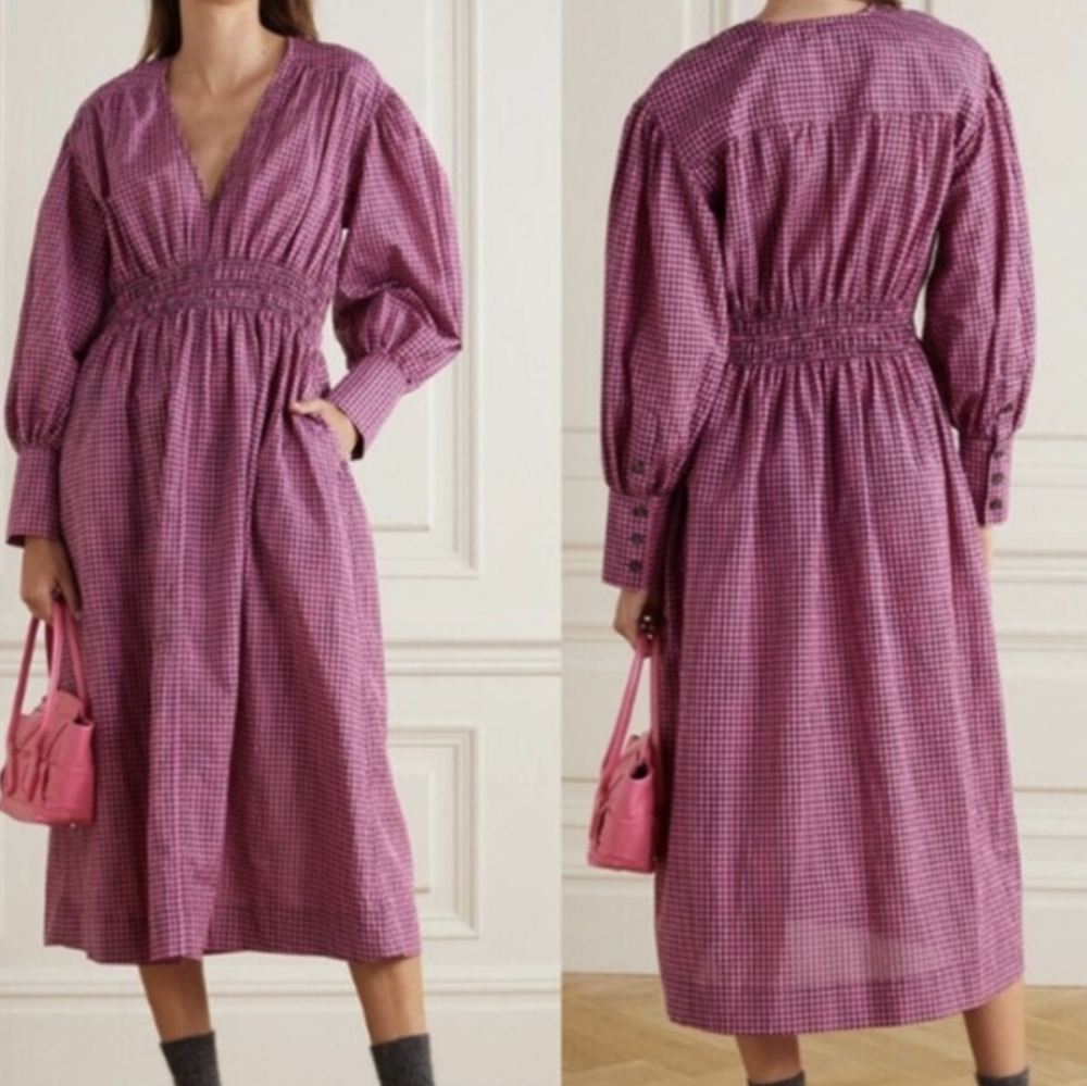 GANNI Rose Pink Gingham Seersucker V-Neck Midi‎ Dress